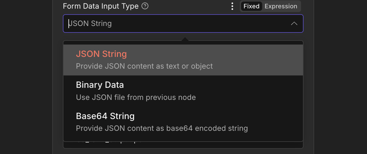 Zum Vergrößern bitte anklicken Im Dropdown-Menü „Eingabetyp für Formulardaten“ des Knotens „PDF-Formular ausfüllen“ in n8n PDF4me werden bei Auswahl von „JSON“ als Eingabetyp drei Optionen angezeigt: „JSON-Zeichenfolge“ (hervorgehoben mit Beschreibung): JSON-Inhalt als Text oder Objekt angeben; „Binärdaten“ (mit Beschreibung): JSON-Datei aus dem vorherigen Knoten verwenden; „Base64-Zeichenfolge“ (mit Beschreibung): JSON-Inhalt als Base64-kodierte Zeichenfolge angeben.